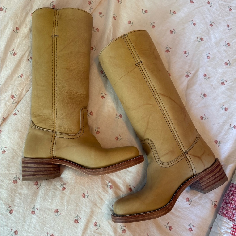 Frye Tan Leather Knee-High Heeled Boots